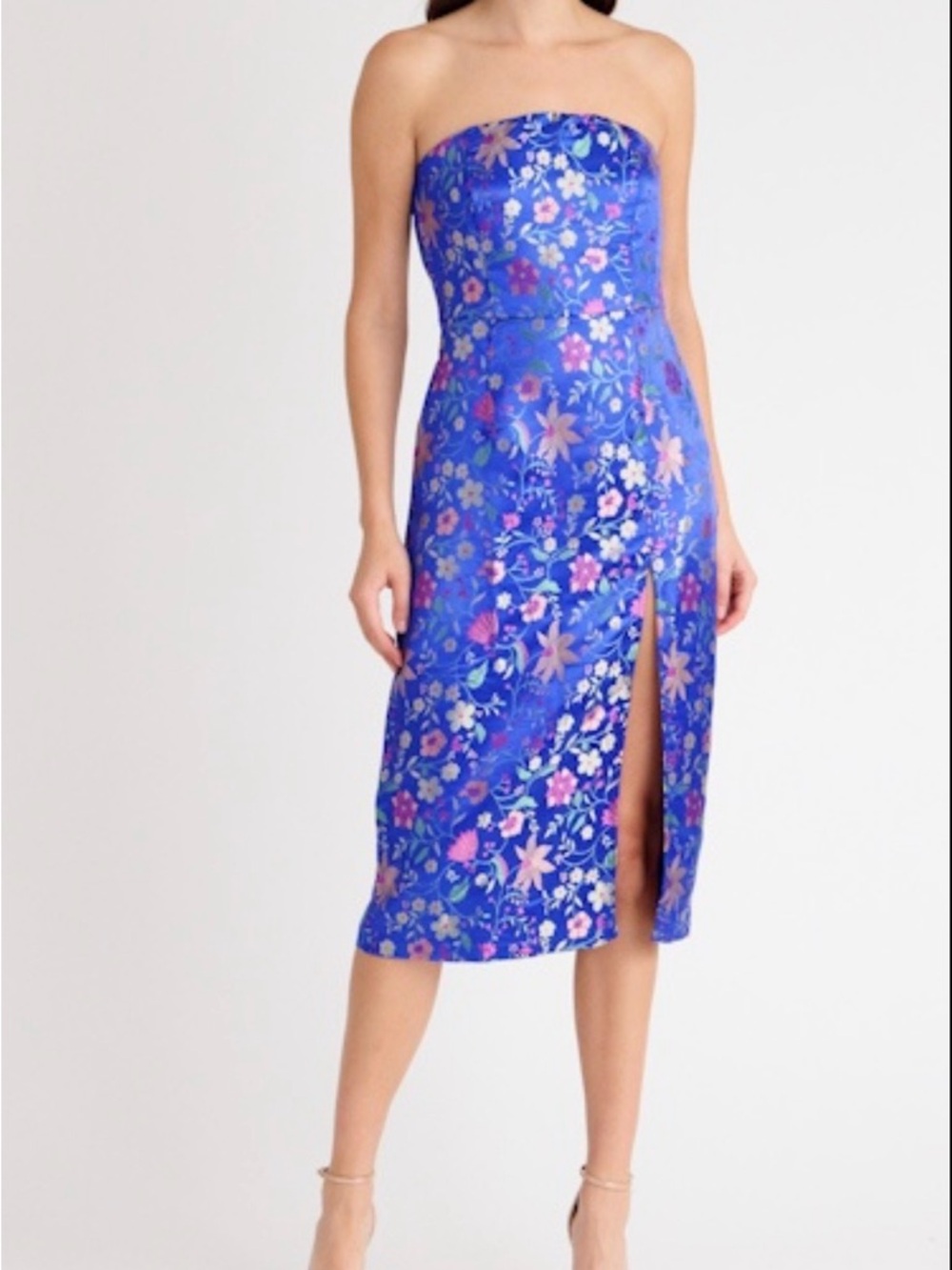 Lulus Make a Move Floral Jacquard Sleeveless Satin Dress in Blue Front Slit SZ S